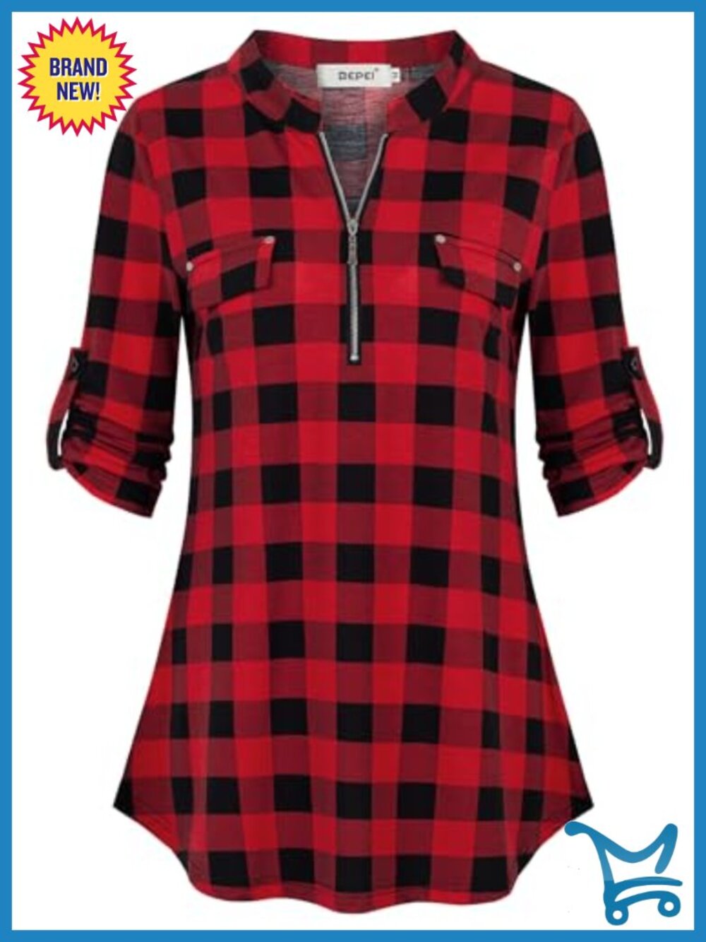 Womens 3/4 Sleeve Zip Up V Neck Tunic Blouse Business Casual Work Top